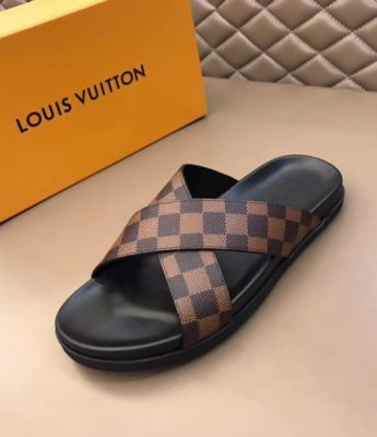 Dép Louis Vuitton nam like auth quai chéo caro nâu DLV07