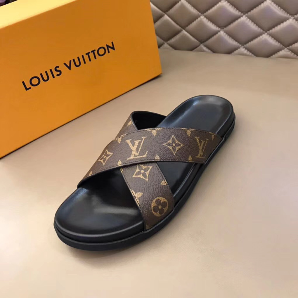 Dép Louis Vuitton nam siêu cấp quai chéo hoa nâu DLV22