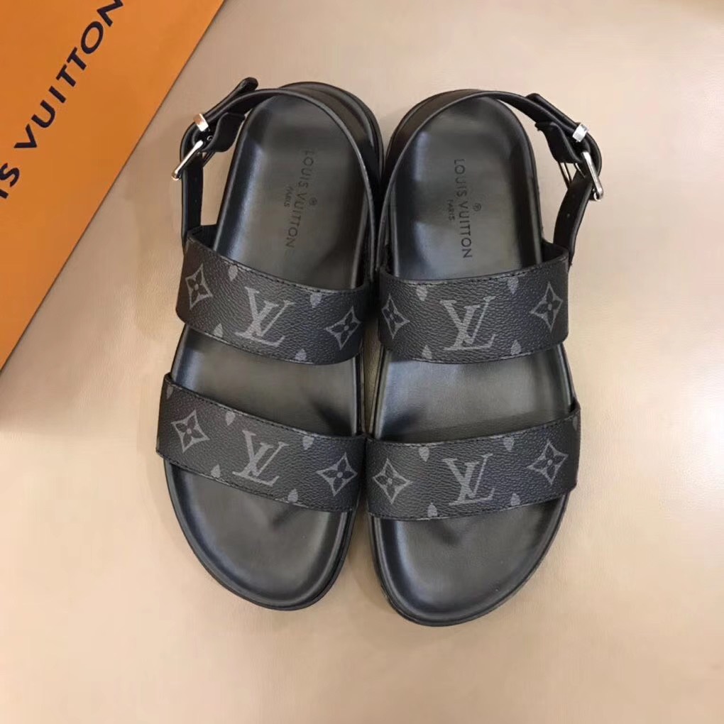 Dép Louis Vuitton nam siêu cấp sandal hoa ghi đen DLV28