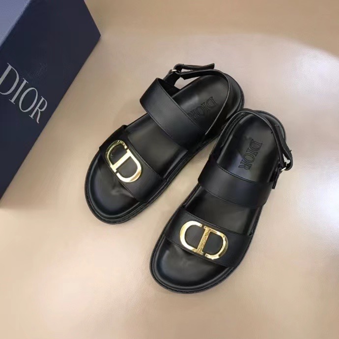Dép Dior nam siêu cấp sandal da trơn họa tiết khóa logo vàng DDR40