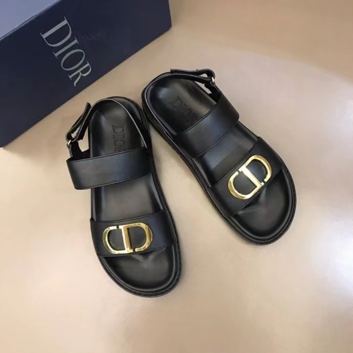 Dép Dior nam siêu cấp sandal da trơn họa tiết khóa logo vàng DDR40
