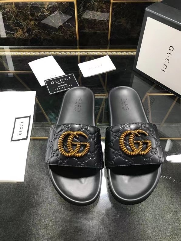 Dép Gucci nam siêu cấp quai ngang họa tiết chữ G kép màu đen DGC29